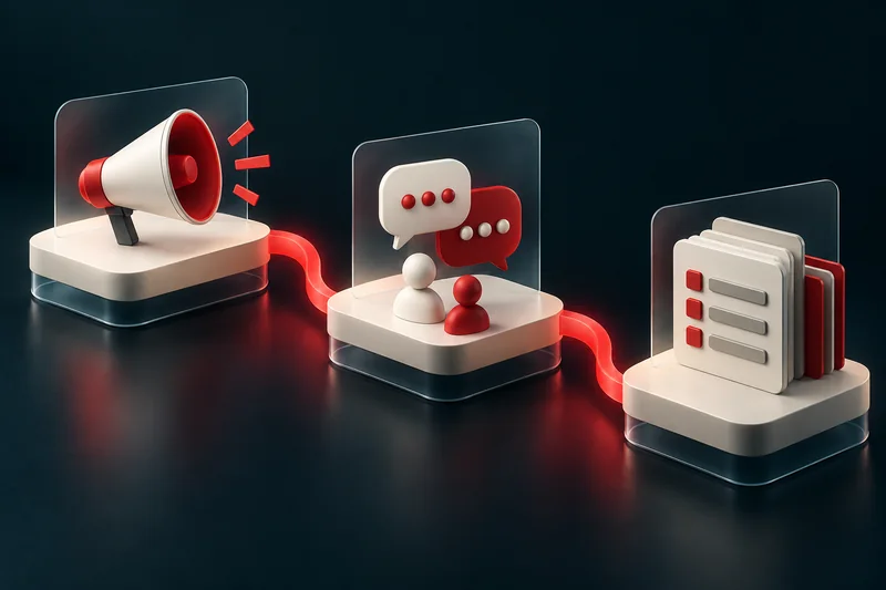 Ilustração de três módulos conectados representando marketing, atendimento comercial e gestão