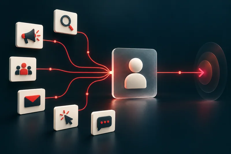 Ilustração de canais de marketing conectados a um contato e ao próximo passo da jornada