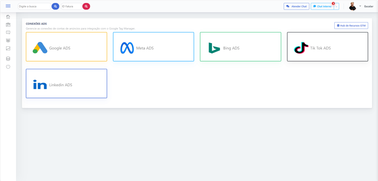 Conexões de anúncios Google Ads, Meta Ads, Bing Ads, TikTok Ads e LinkedIn Ads