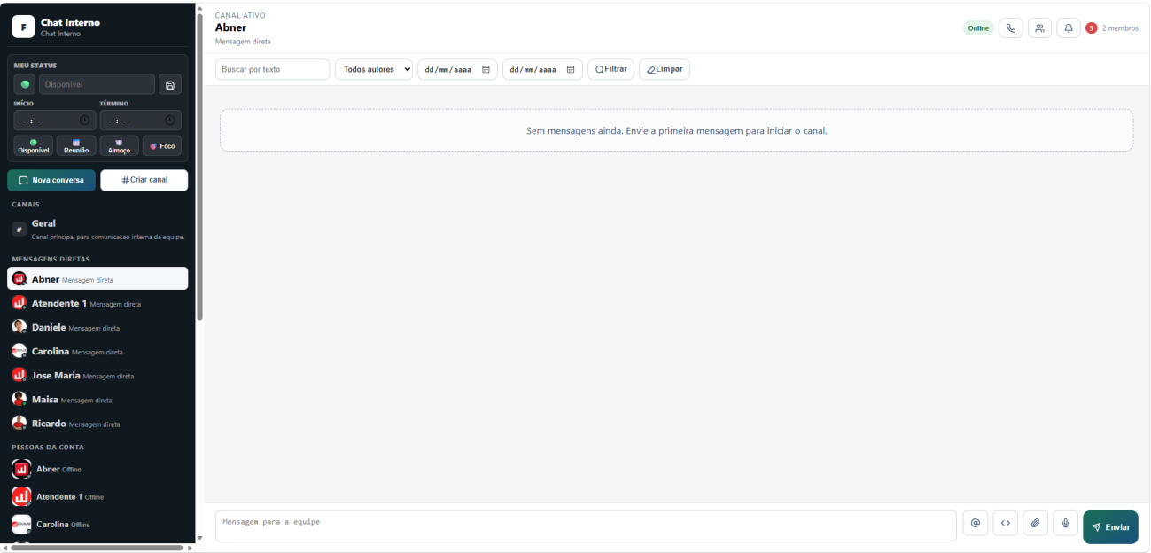 Chat interno para comunicação entre a equipe
