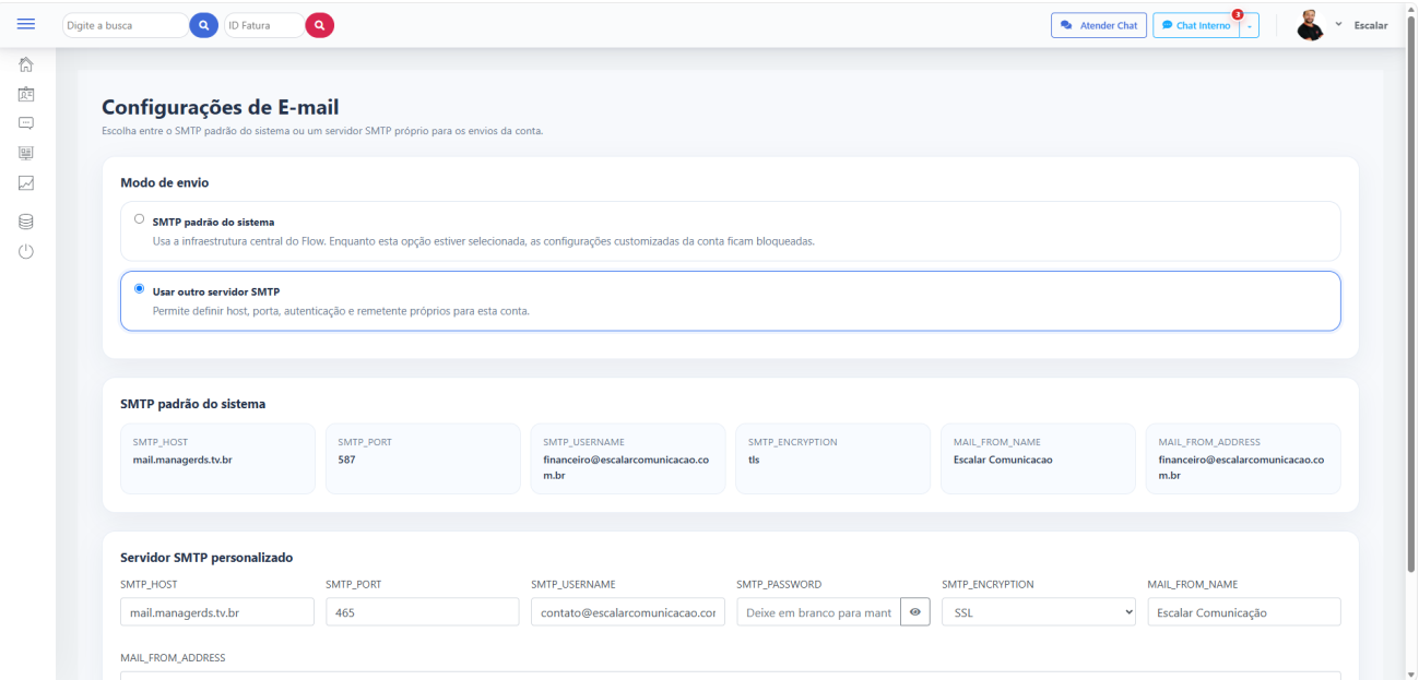 Configurações de e-mail e servidor SMTP